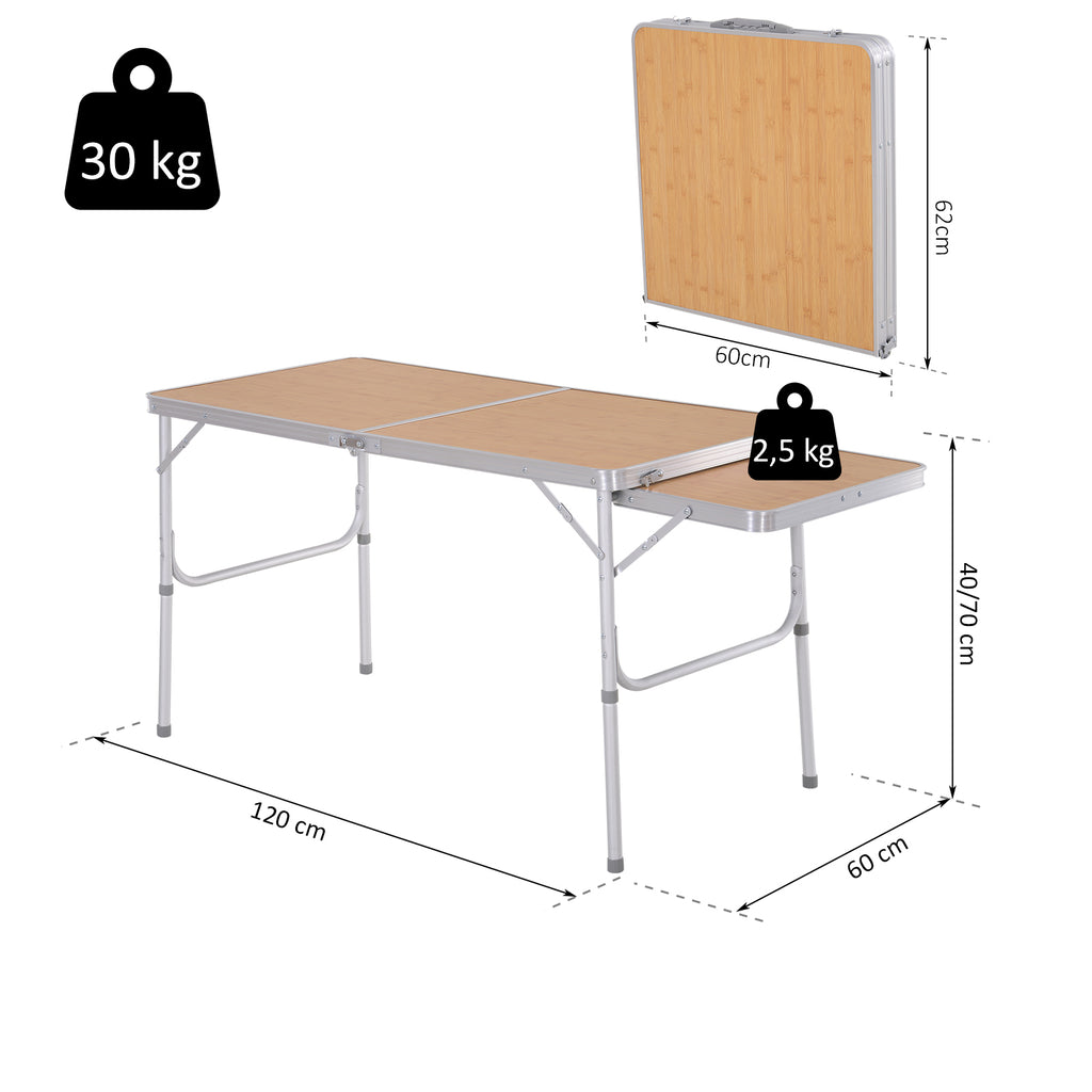 Outsunny Campingtisch höhenverstellbar Klapptisch mit Seittischplatte Klappbar Aluminium 120 x 60cm Naturholz