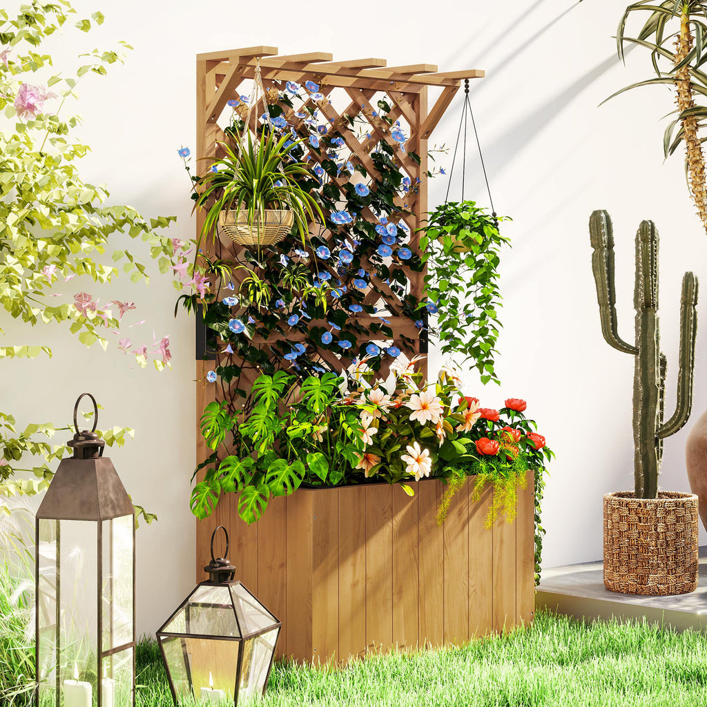 Outsunny Hochbeet Pflanzkasten mit Rankgitter, Spalier Pflanzkübel Blumenkasten Holz, Gartenspalier 64 x 33 x 122cm Naturholz