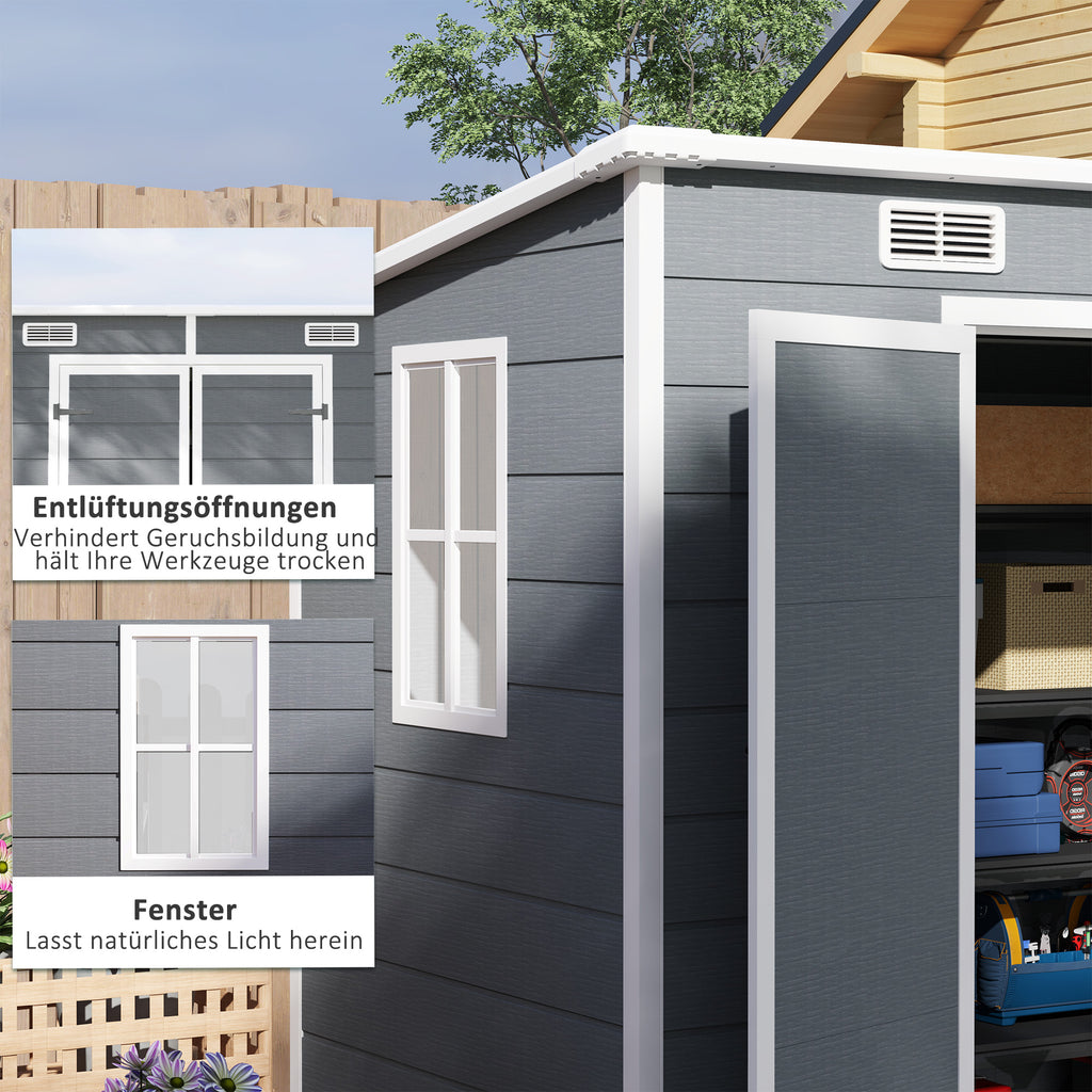 Outsunny 2,4 x 1,3 m Gartenschuppen, Kunststoff-Gartenhaus mit Boden, Fenster, verschließbare Türen, für Garten, Terrasse, Grau
