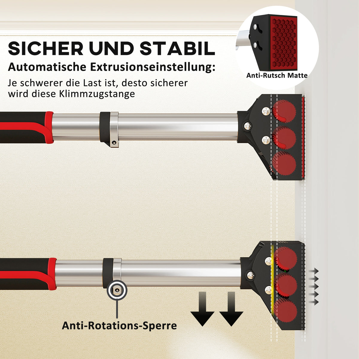 SPORTNOW Klimmzugstange für Türrahmen, verstellbar, ohne Bohren, Stahl, bis 200 kg, 75-92 x 10 x 7 cm, Schwarz/Rot