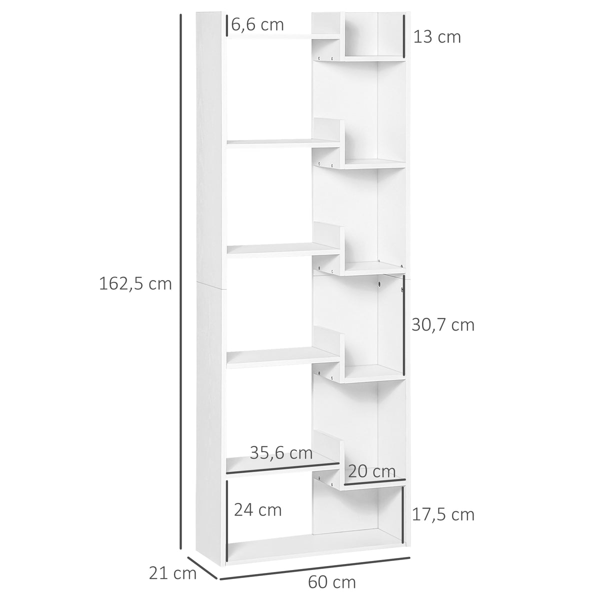 HOMCOM Bücherregal, 6-stufiges Aufbewahrungsregal, unregelmäßiges Design, für Wohnzimmer, Schlafzimmer, Büro, 60x21x162,5 cm, weiß