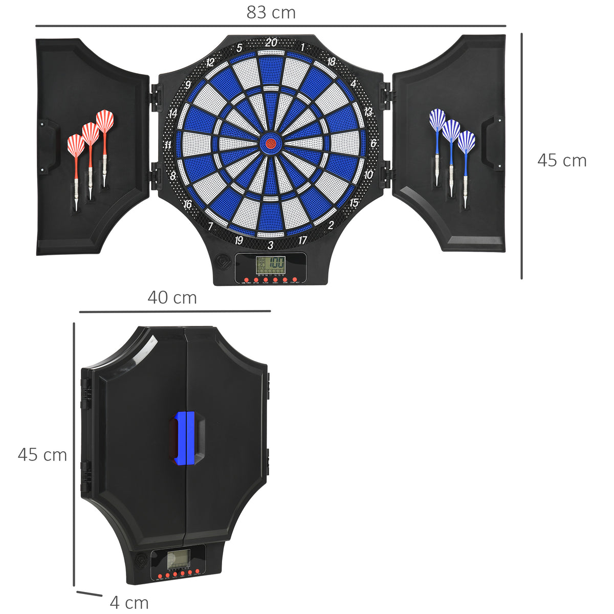 SPORTNOW Elektronische klappbare Dartscheibe mit 2 Türen, 31 Spielen für bis zu 8 Spieler, LCD-Anzeige, Lautsprecher, Schwarz