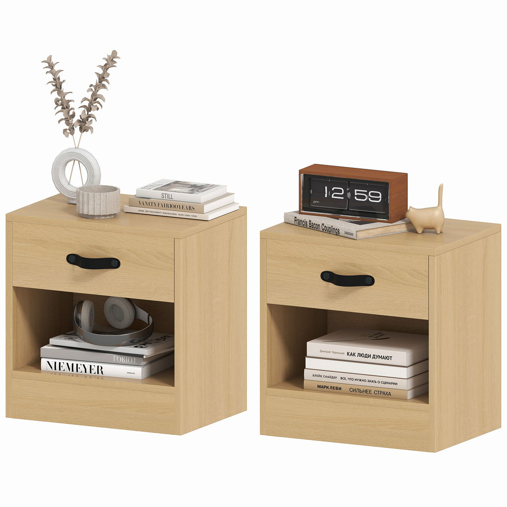 HOMCOM Pack von 2 Nachttischen mit Schublade und Offenem Fach für Wohnzimmer 39x28x41 cm Natur