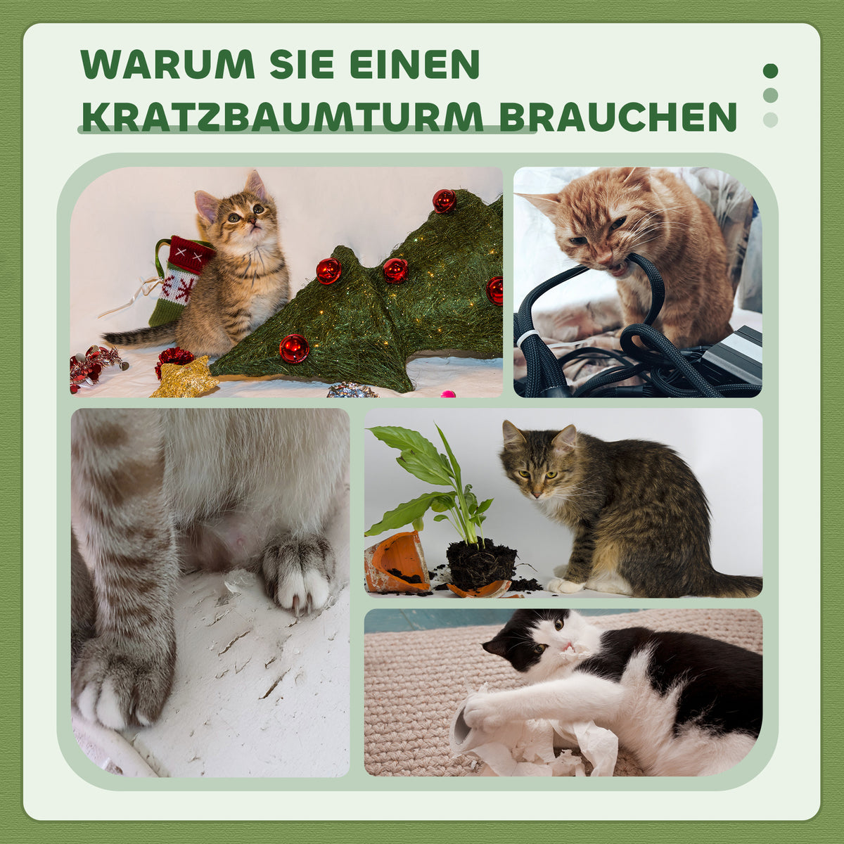 PawHut Katzenbaum  91cm Spielbaum mit Katzenbett, Plattform Lammwolle Grün
