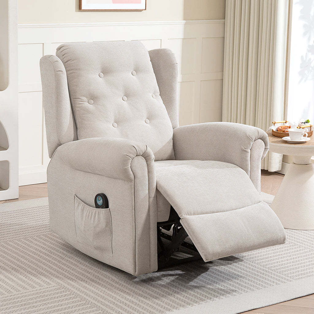HOMCOM Elektrischer Massage- und Heizrelaxsessel mit manuell verstellbarem Rücken und Fußstütze, Seitentasche, beige