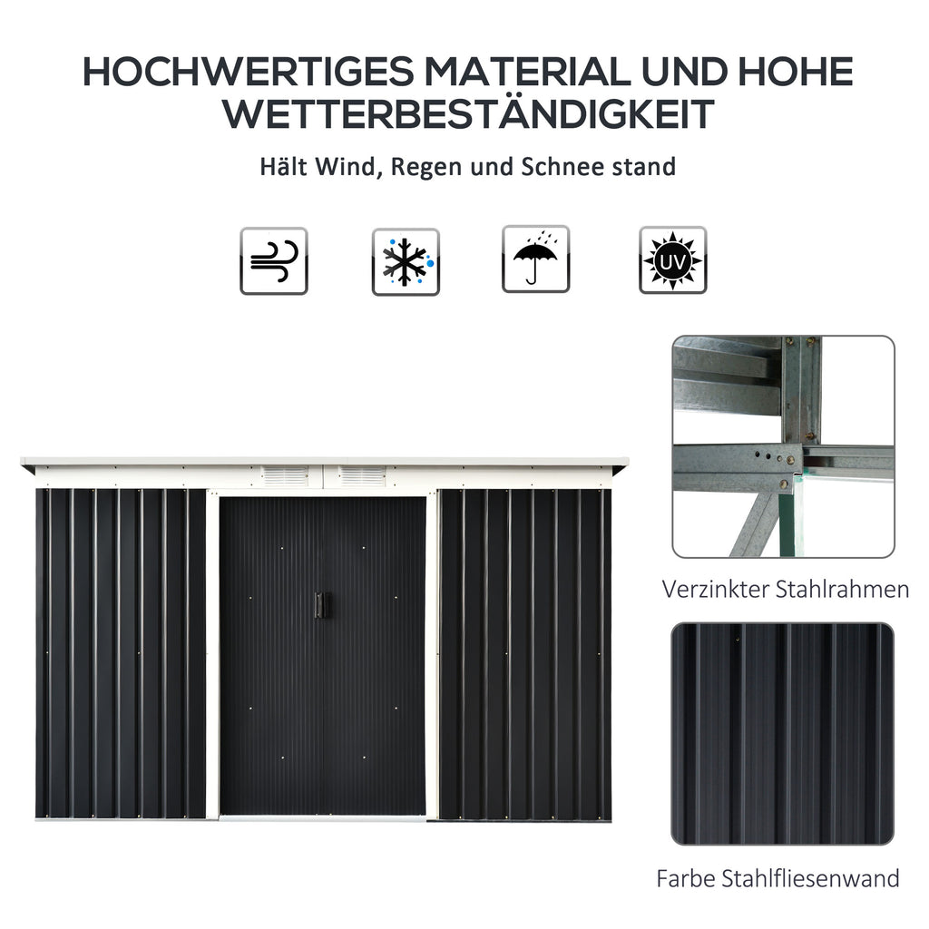 Outsunny Gerätehaus, Gartenhaus, Geräteschuppen mit Schiebetür, Lüftungsfenster, Pultdach, Outdoor, Stahl, Dunkelgrau, 280 x 130 x 172 cm