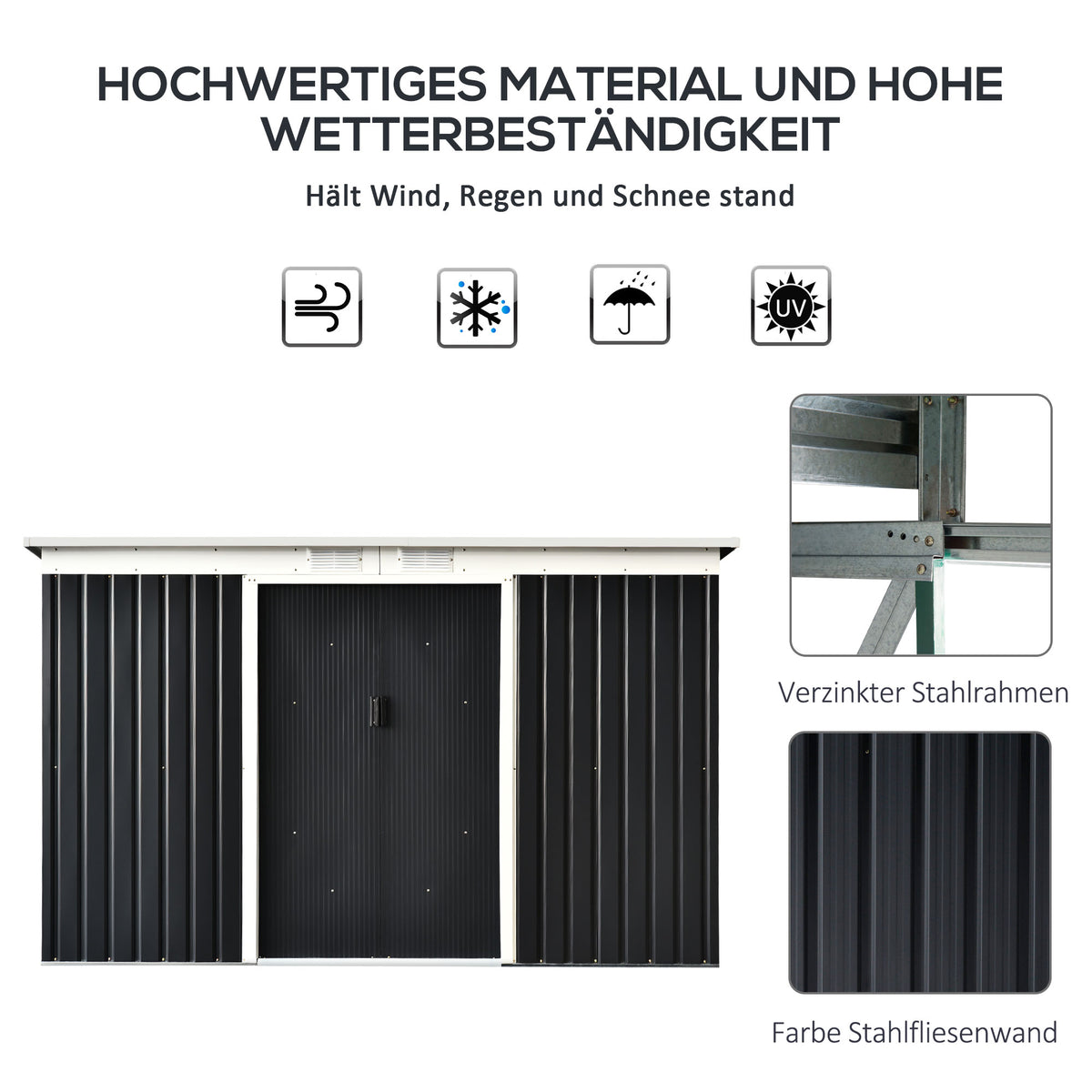 Outsunny Gerätehaus, Gartenhaus, Geräteschuppen mit Schiebetür, Lüftungsfenster, Pultdach, Outdoor, Stahl, Dunkelgrau, 280 x 130 x 172 cm
