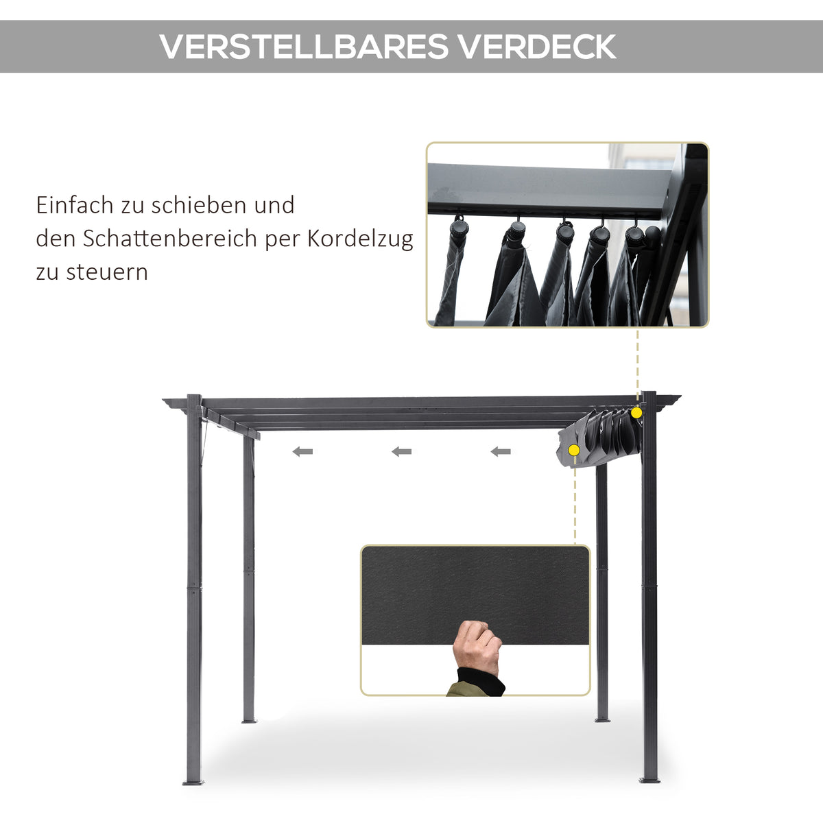 Outsunny Pergola Pavillon Terrassenüberdachung mit Schiebedach Garten Alu Kohlegrau+Dunkelgrau 3x3x2,23 m