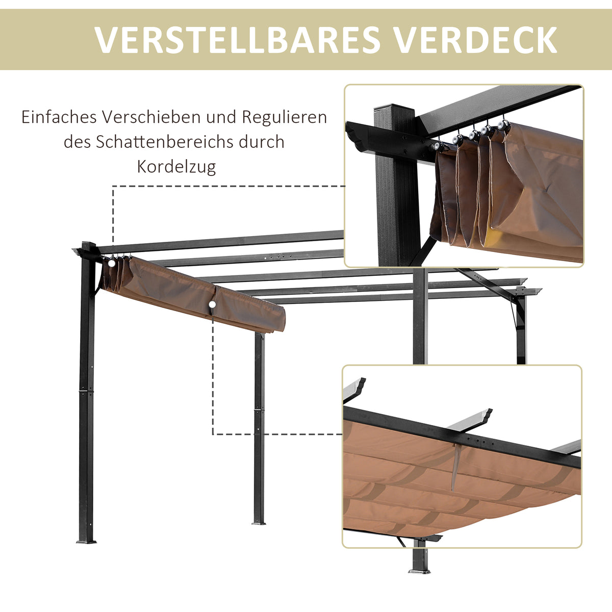 Outsunny Pergola Pavillon mit einstellbarem Stoffdach 3 x 4 m Terrassen-Vordach Aluminium Sonnenschutz Überdachung Terrasse Garten Grau+Braun