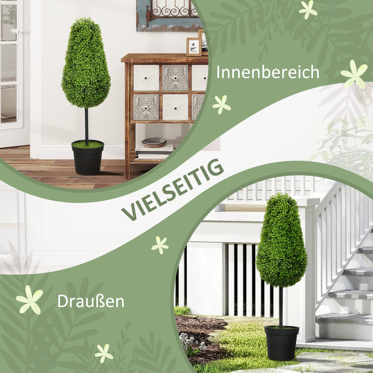 HOMCOM 2er Set Künstliche Buchsbaum 90cm Kunstpflanze in Tränenform, Plastik Künstliche Pflanzen im Topf Moderne Dekoration