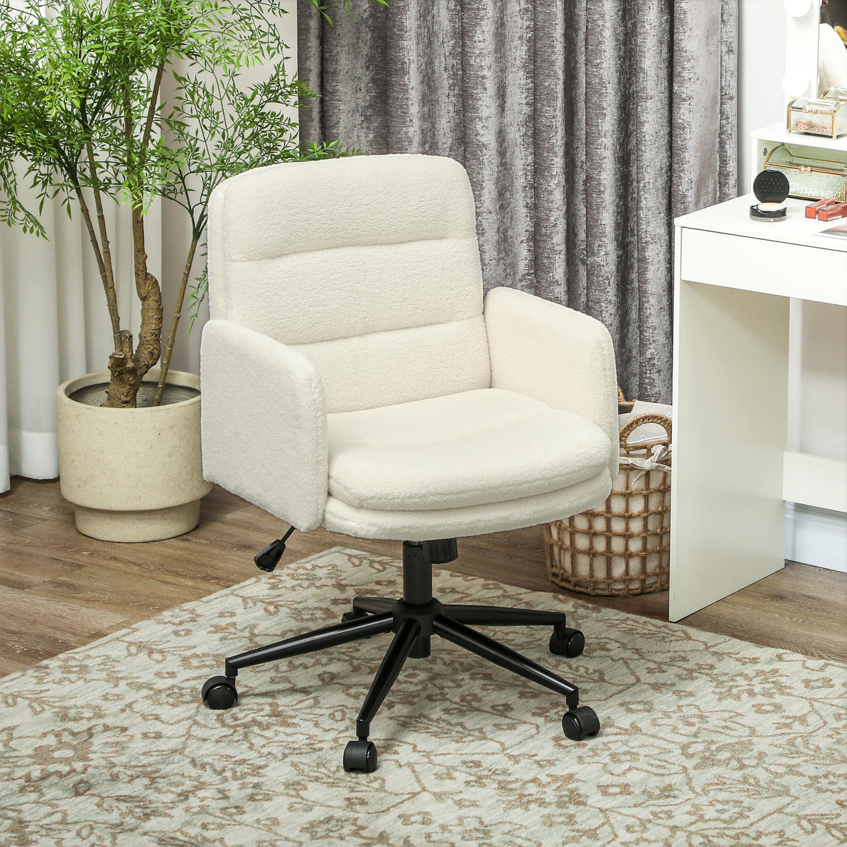 HOMCOM Fahrbarer Bürostuhl mit Stoffbezug, Armlehne, 5 Räder, drehbar, Cremeweiß