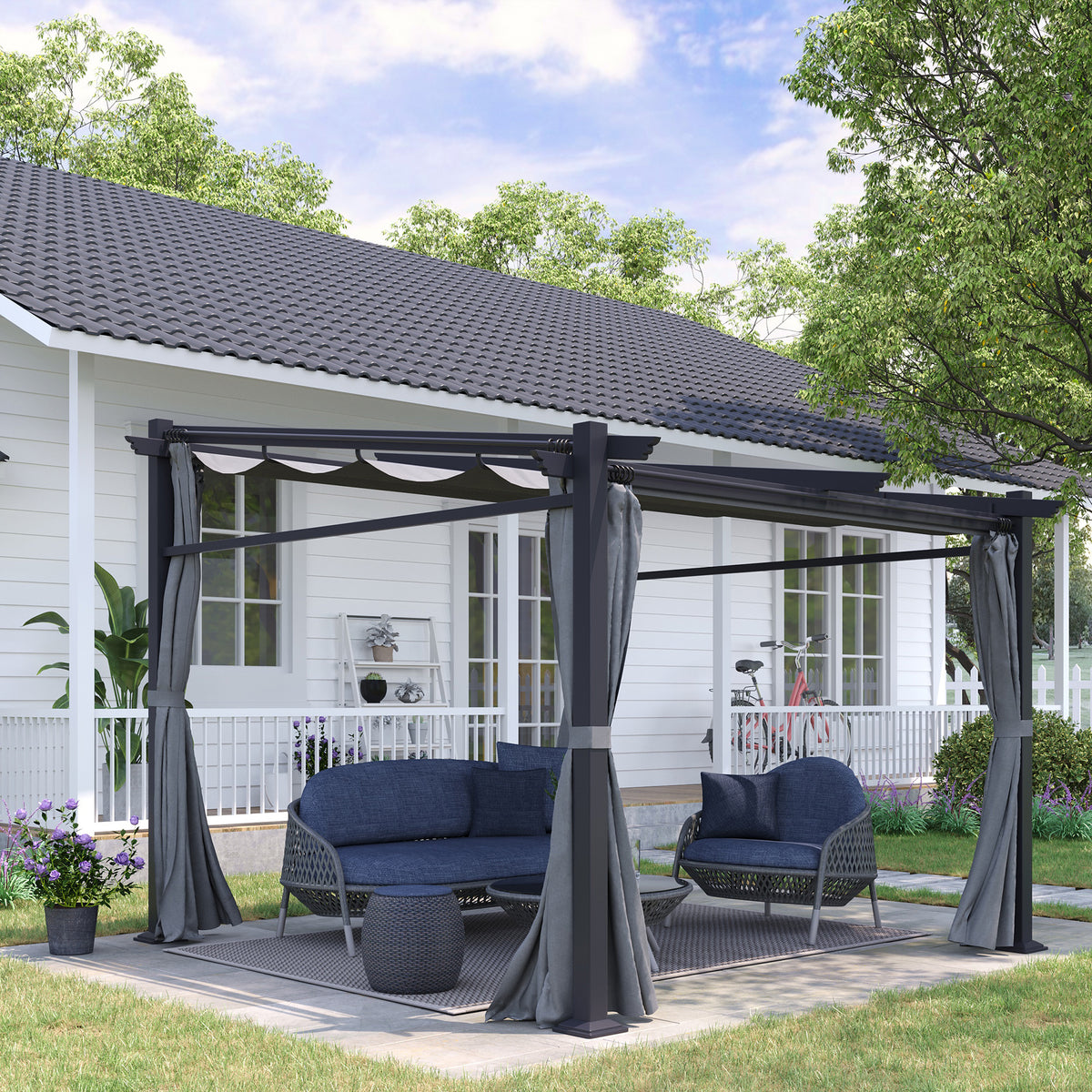Outsunny Pergola, inklusive Befestigungsmaterial, ausziehbares Dach, 2.,97 m x 2,95 m x 2,3 m, Dunkelgrau