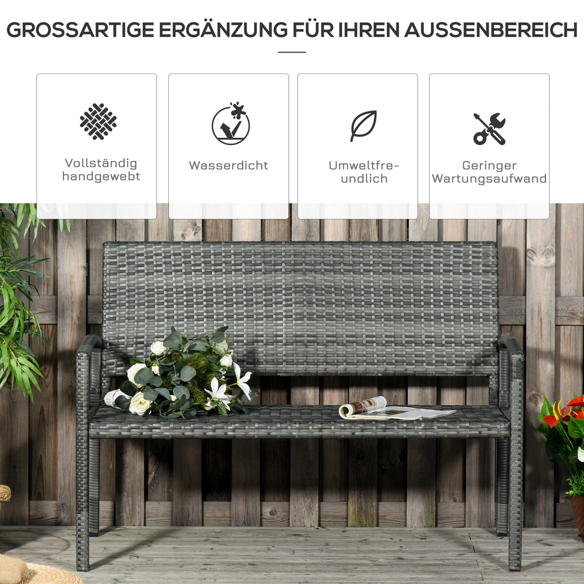 Outsunny Gartenbank, in Rattanoptik, mit Stahlrahmen, für 2 Personen, Braun, 122 x 60 x 87cm