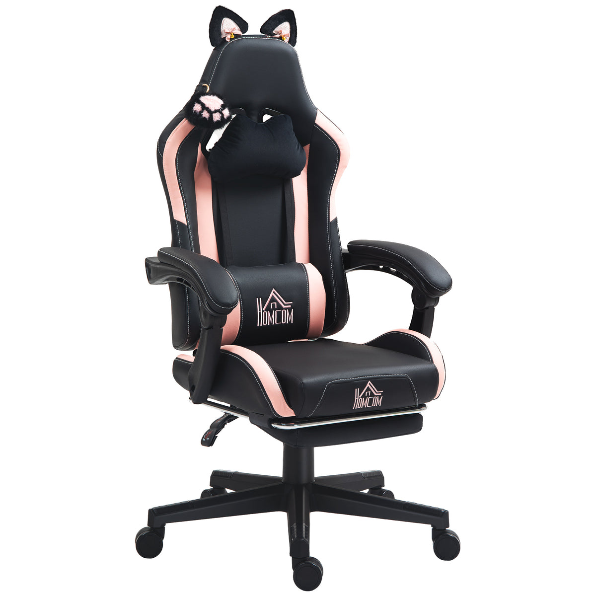 HOMCOM Reclinabile Gaming-Stuhl mit Poggiapiedi und Kissen, Kunstleder und Schwamm, 65x62x116-124 cm, Rosa und Schwarz