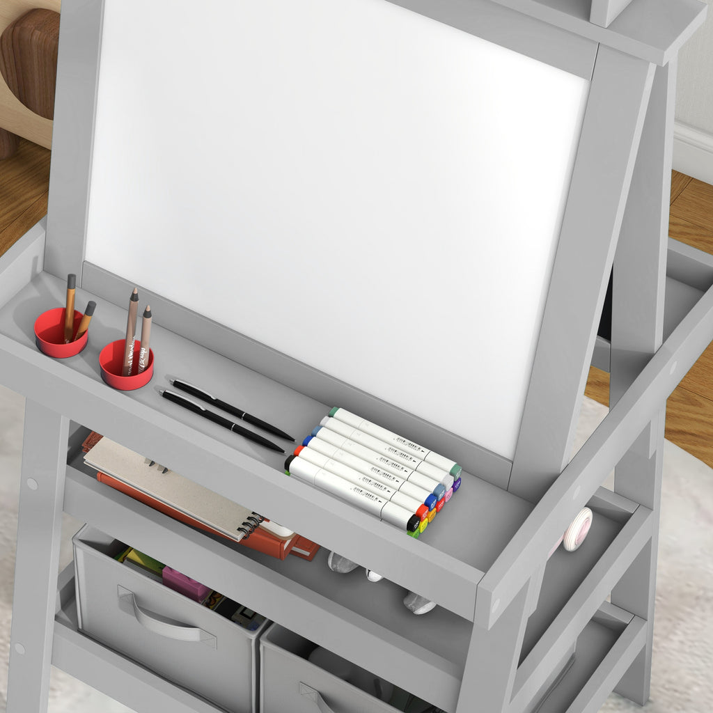 AIYAPLAY Kinderklappstaffelei 3 in 1 mit magnetischer weißer Tafel, Kreidetafel, Papierrolle, 2 Körben, 3-6 Jahre, Grau