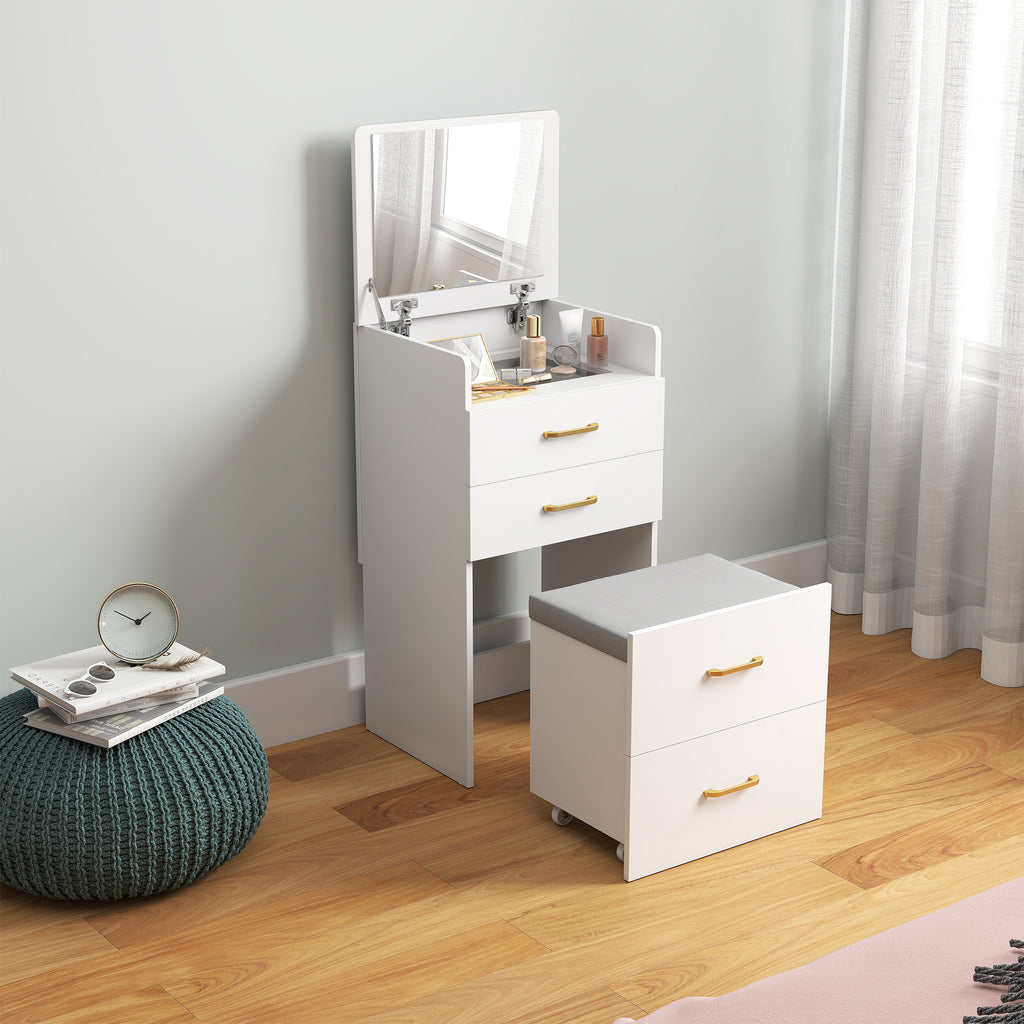 HOMCOM 3-in-1-Schminktisch mit Spiegel, Nachttisch, Rollhocker, Schubladen, Weiß