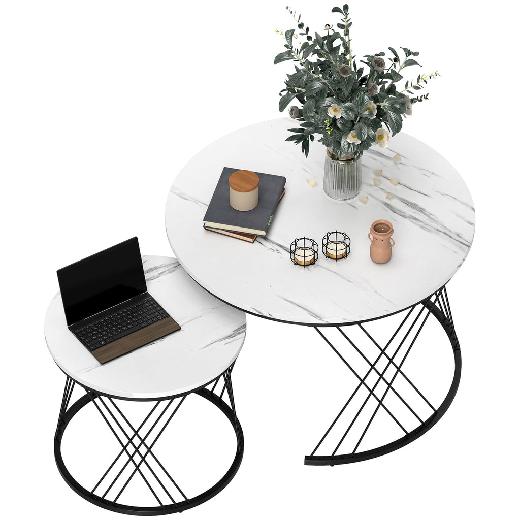 HOMCOM Couchtische im 2er-Set, Marmoroptik, Spanplatte, Metall, runde Kaffeetische für Wohnzimmer, ineinanderstellbar, Weiß