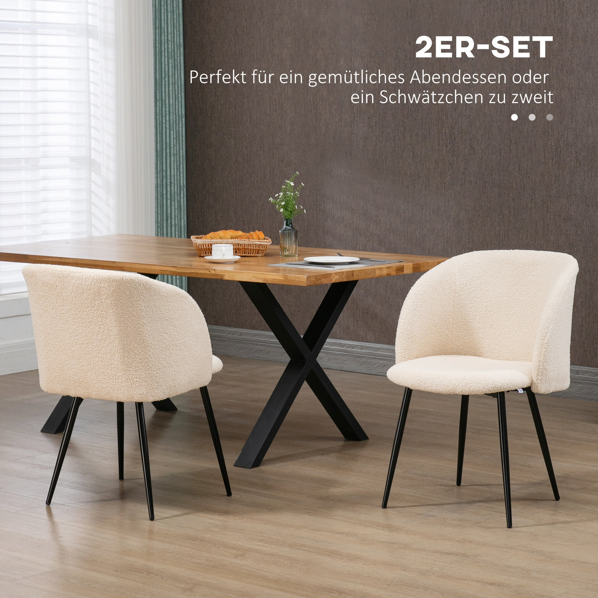 HOMCOM 2er-Set Esszimmerstühle, Polsterstühle mit Stoffbezug, Küchenstühle mit Stahlbeinen, gewölbte Rückenlehne, Cremeweiß