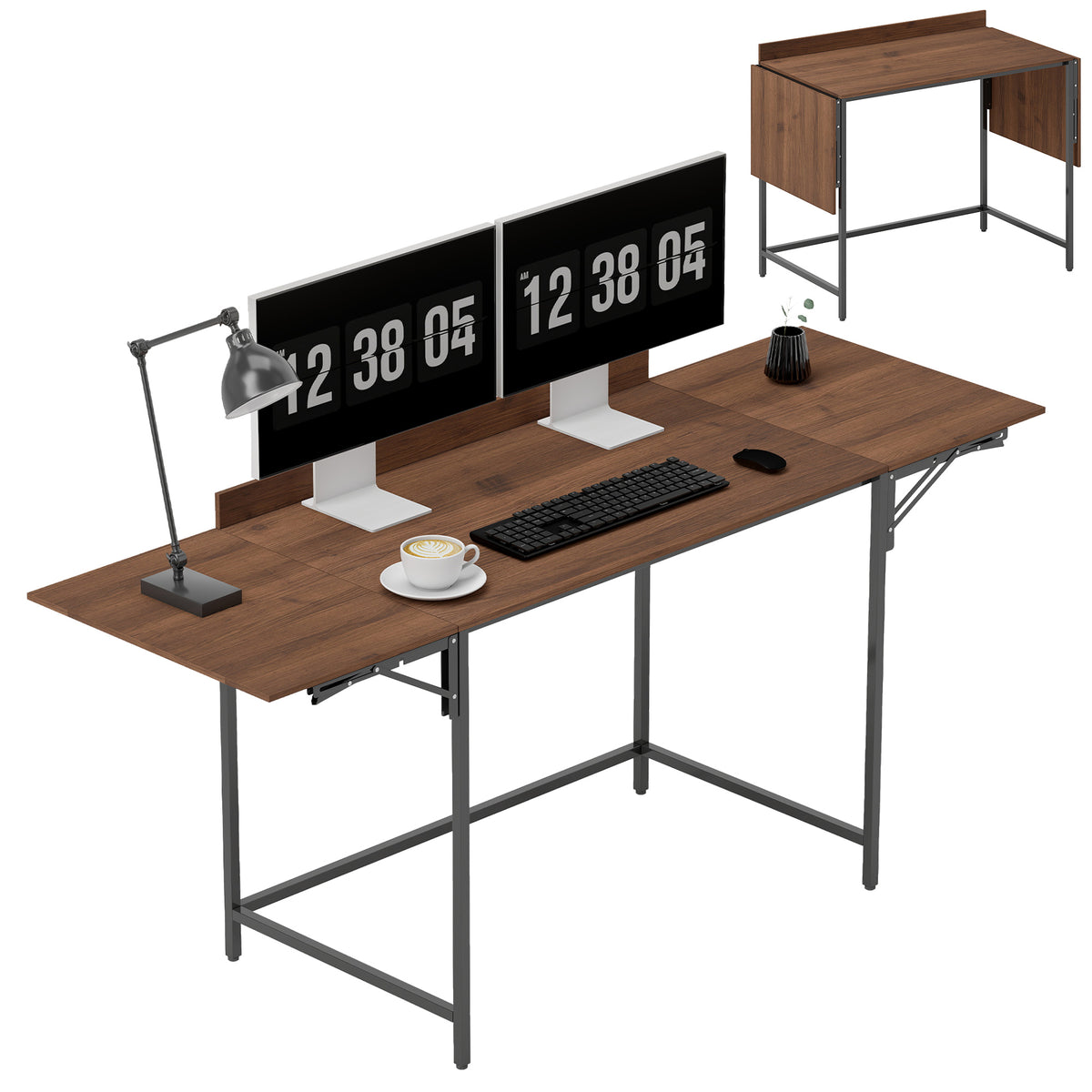 HOMCOM Klappbarer Schreibtisch Computer Tisch 2 klappbare Klappen für 2 Bildschirme, für Schlafzimmer, kleine Räume, 170 x 58 x 78 cm Nussbaum