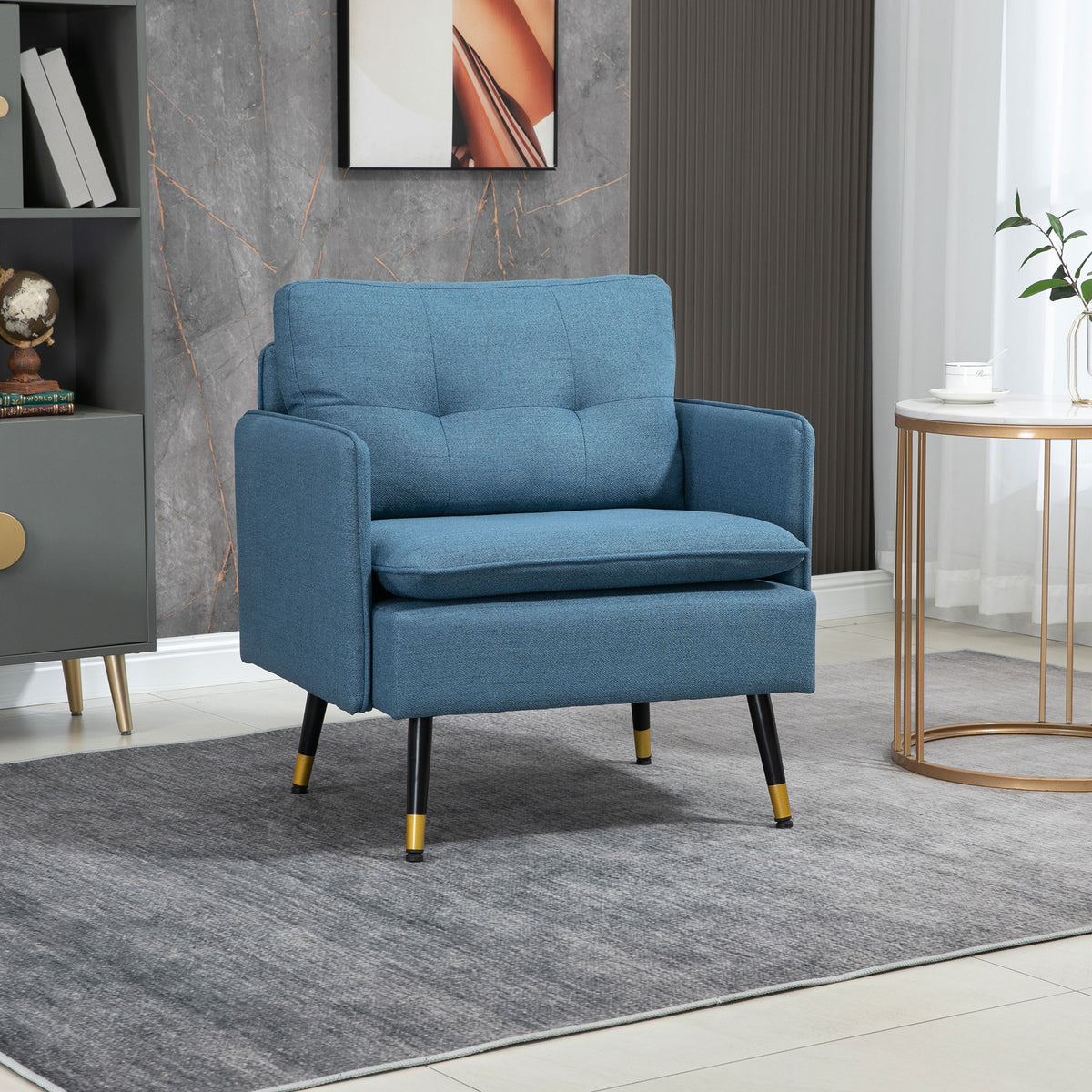 HOMCOM Akzentsessel mit Knopfheftung, Polstersessel, abnehmbare Polster, Schwarz + Gold + Blau