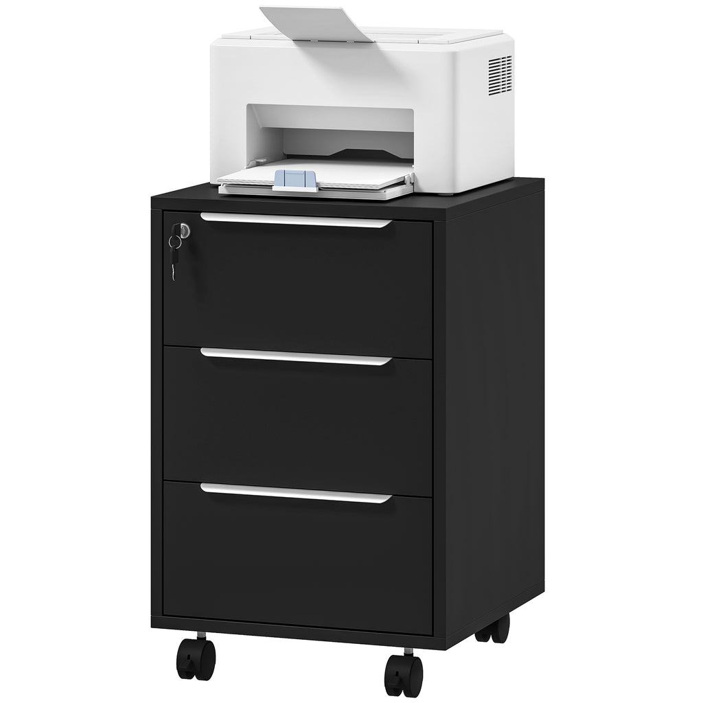 HOMCOM Bürocontainer auf Rollen mit 3 Schubladen und Schloss, Rollcontainer, 40 x 40 x 63,5 cm, Schwarz