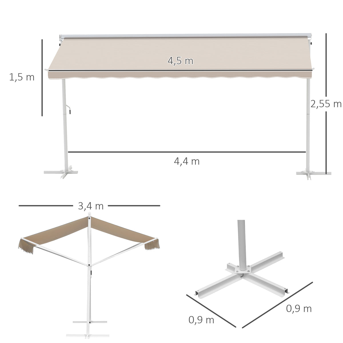 Outsunny Standmarkise Markise 4,5 x 3,4m Terrassenüberdachung Gartenmarkise mit Faltarm Kurbel Terrasse Creme Alu Metall
