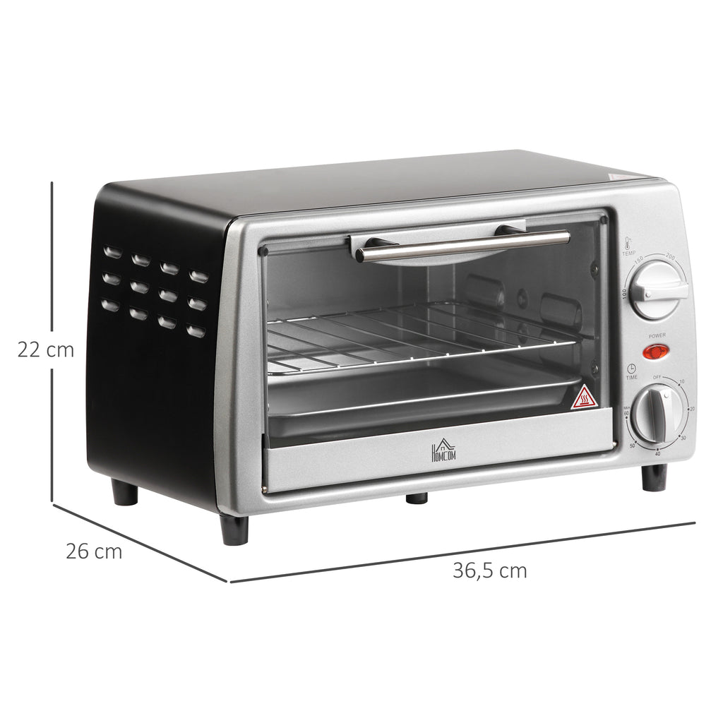HOMCOM Mini Backofen 10 L 750W 100-230℃ 60 Min. Timer mit Backblech, Grillrost und Herausnehmbarer Bodenschale, Pizza-Ofen Silber
