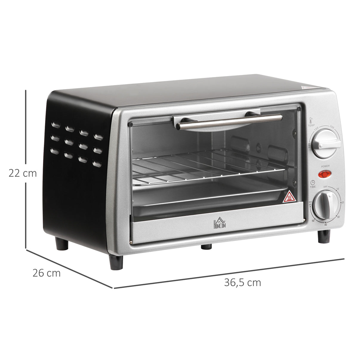 HOMCOM Mini Backofen 10 L 750W 100-230℃ 60 Min. Timer mit Backblech, Grillrost und Herausnehmbarer Bodenschale, Pizza-Ofen Silber