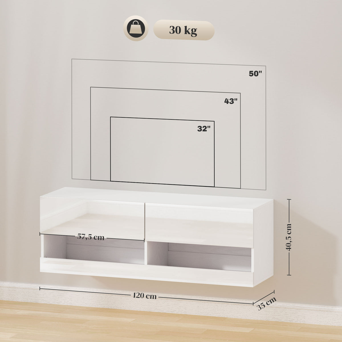 HOMCOM TV-Hängeschrank mit LED-Beleuchtung, 16 Blinkmodi, Wandmontierter TV-Schrank, Offene Regale, 120 x 35 x 40,5 cm, Weiß