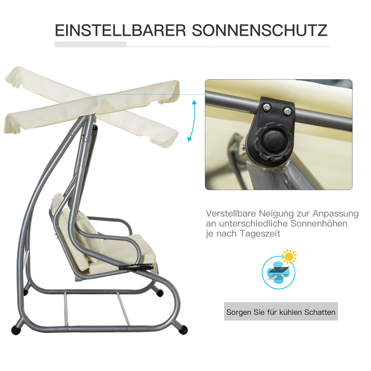 Outsunny Schaukelstuhl 3-Sitzer Gartenschaukel Hollywoodschaukel mit Sitz- und Rückenlehnen Tablett Schwingbank Sitzbank Dachwinkel verstellbar Stahl Polyestergewebe 200 x 120 x 164 cm Beige