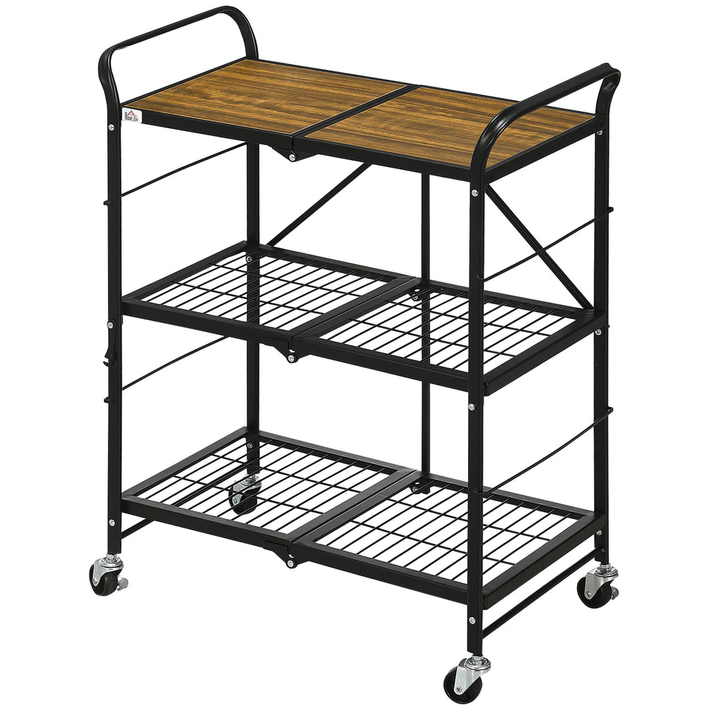 HOMCOM Küchenwagen im Industriedesign, mit 3 Regalen, Mehrzweckwagen, Servierwagen, 4 Räder, klappbar, Braun + Schwarz