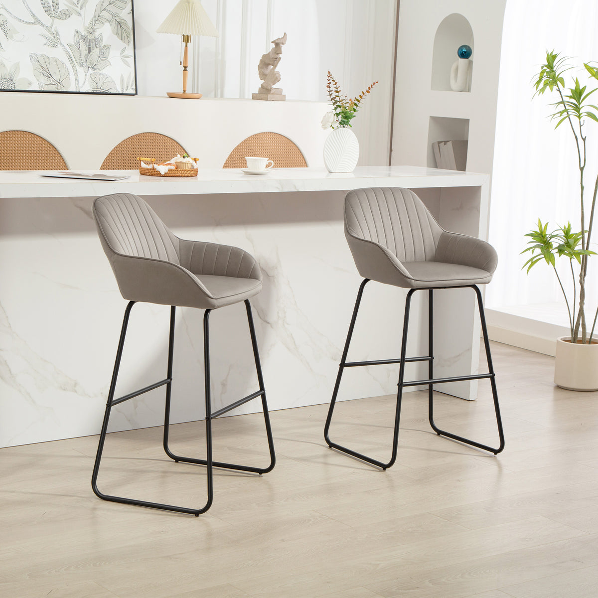 HOMCOM 2er-Set Barstühle, Barhocker mit Stoffbezug und Schaumstoffpolsterung, Polsterhocker mit Metallbeinen, Grau