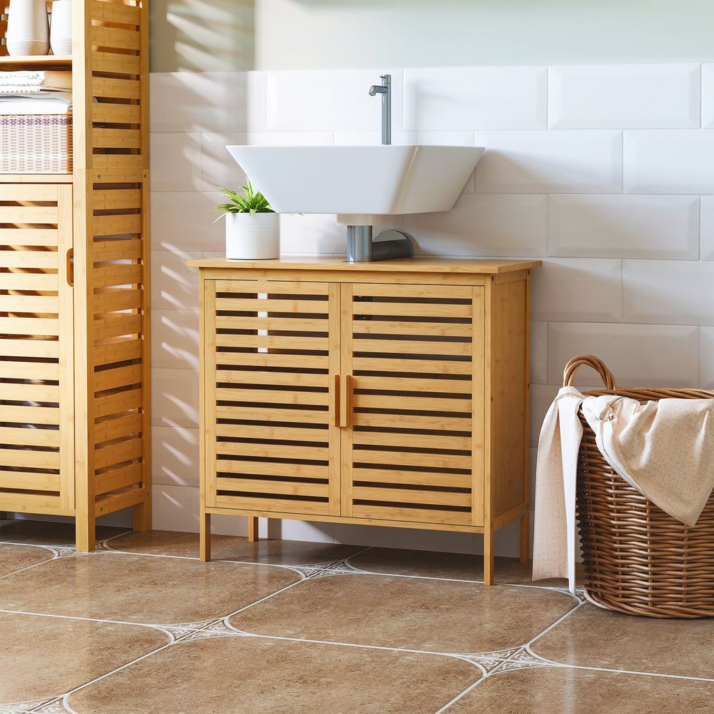 kleankin Bambus Waschbeckenunterschrank Badezimmer Unterschrank 2 Türen 66 x 29 x 61,5 cm