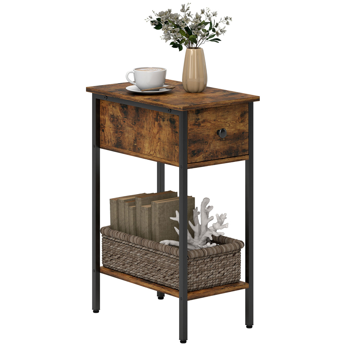HOMCOM Beistelltisch mit offenem Fach und Schublade, Nachttisch, Metallbeine, Holz, Braun
