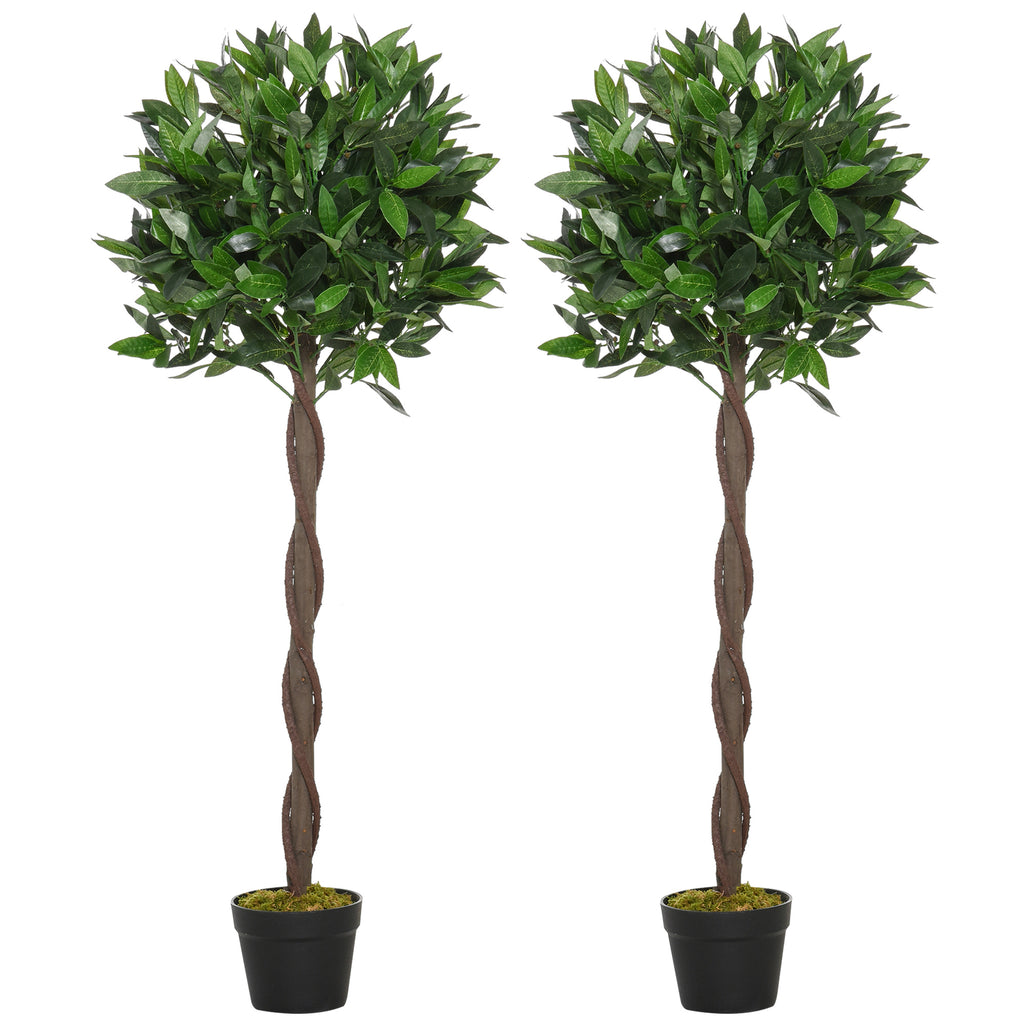 Outsunny 2er-Set Künstlicher Lorbeerbaum, 120 cm, Kunstpflanzen im Zementtopf, Kunststoff-Pflanzen für drinnen und draußen, Grün