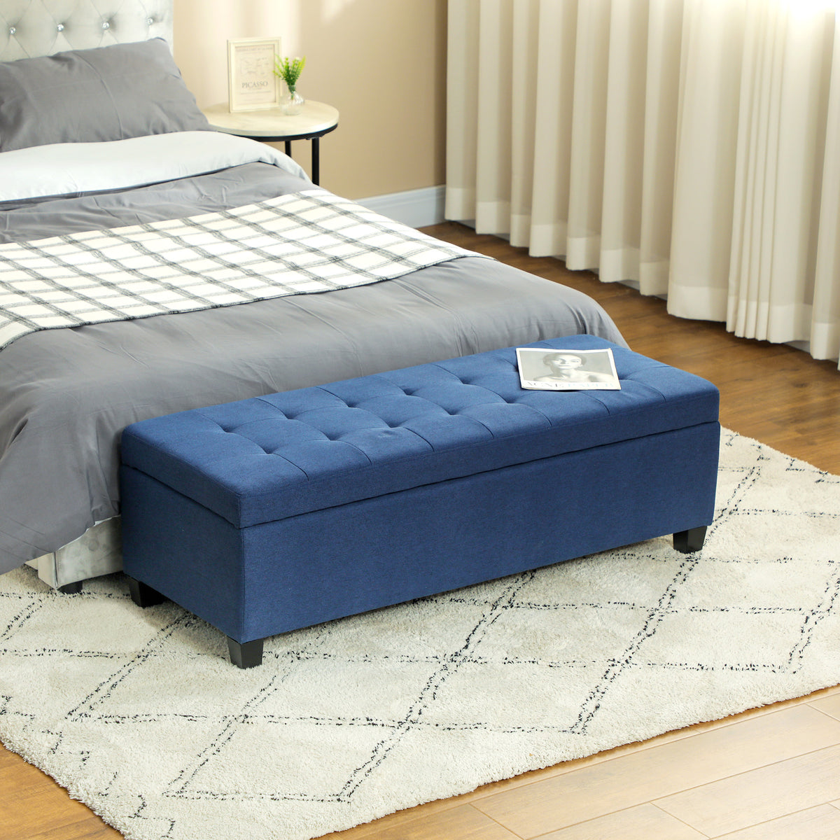 HOMCOM Sitzbank mit Stauraum, Ottomane, Flurbank, Knopfheftung,125,1 cm x 48,9 cm x 41,3 cm, Blau