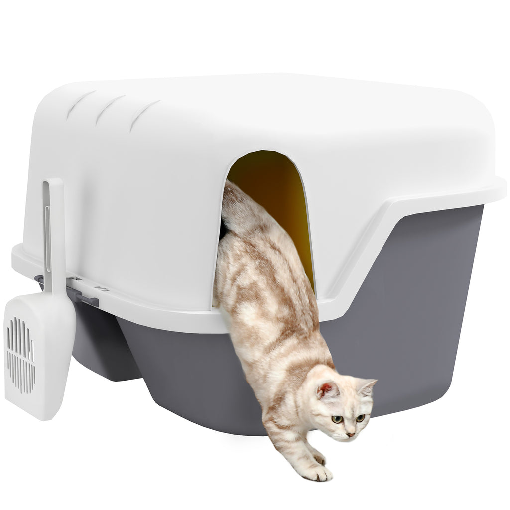 PawHut Katzentoilette, Katzenklo mit Deckel und Schaufel, leicht zu reinigen, verschließbar, Weiß