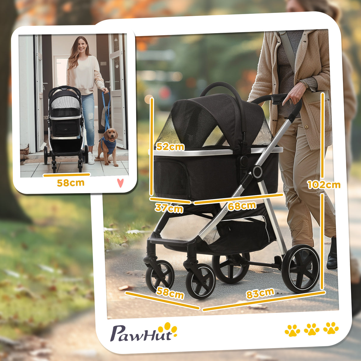 PawHut 2-IN-1 Hundebuggy Tragtasche bis 10kg Kissen klappbar 1 Aufbewahrungskorb 83 cm x 58 cm x 102 cm Schwarz