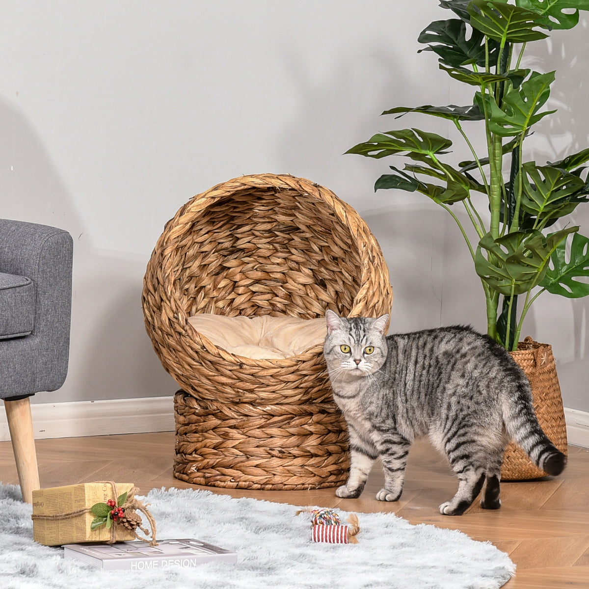 PawHut Rattan Katzenkorb Katzenhöhle Katzenhütte Katzenbett mit Kissen Haustierbett Wasserhyazinthe Braun 50 x 42 x 60 cm