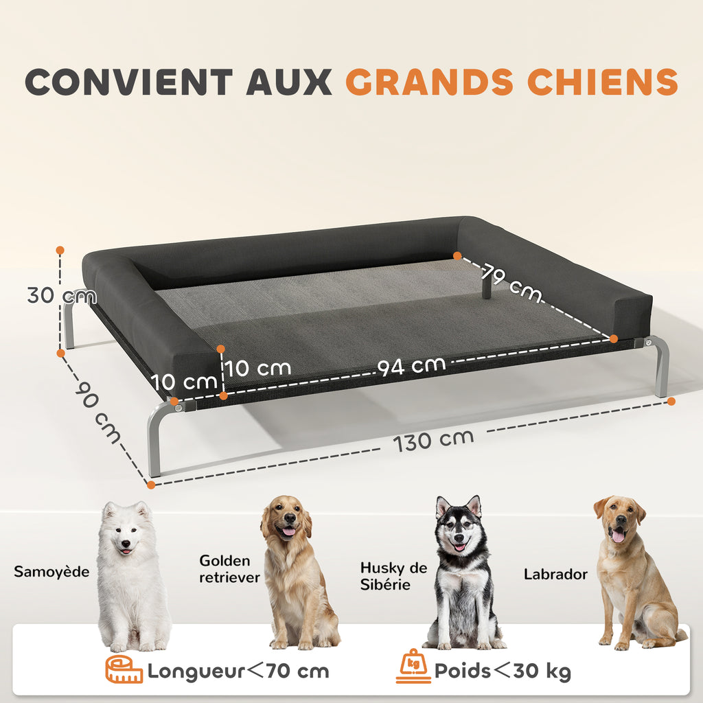 PawHut Erfrischendes erhöhtes Hundebett, tragbares Hundeliegen für drinnen und draußen, 130 x 90 x 30 cm, Schwarz