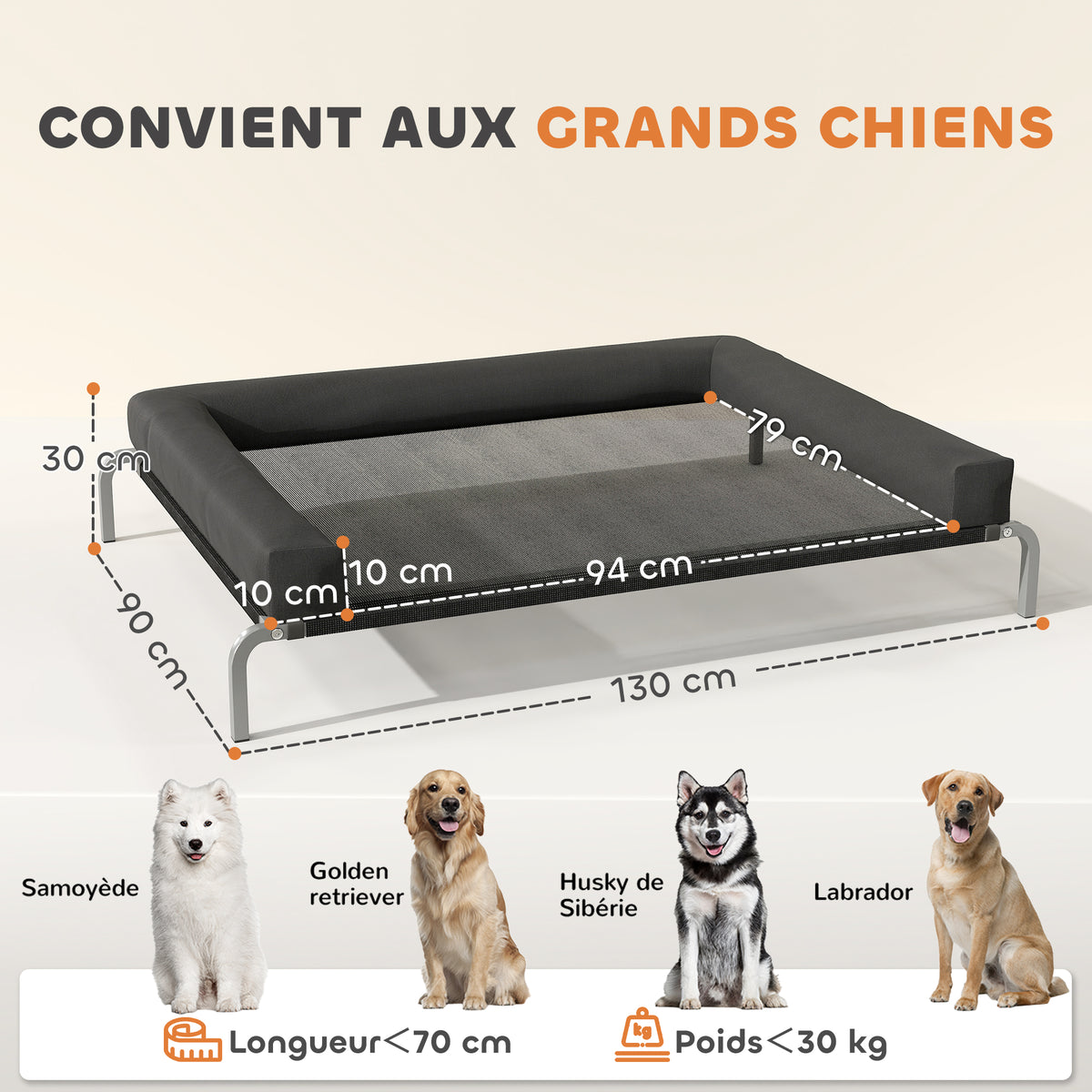 PawHut Erfrischendes erhöhtes Hundebett, tragbares Hundeliegen für drinnen und draußen, 130 x 90 x 30 cm, Schwarz