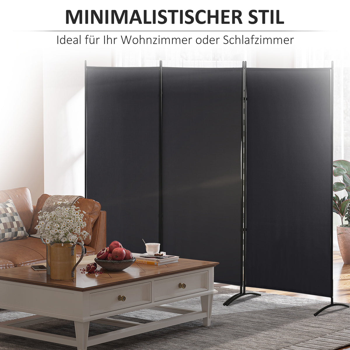 HOMCOM Raumteiler, 3-teiliger Sichtschutz, Raumtrenner mit Metallrahmen, Schwarz