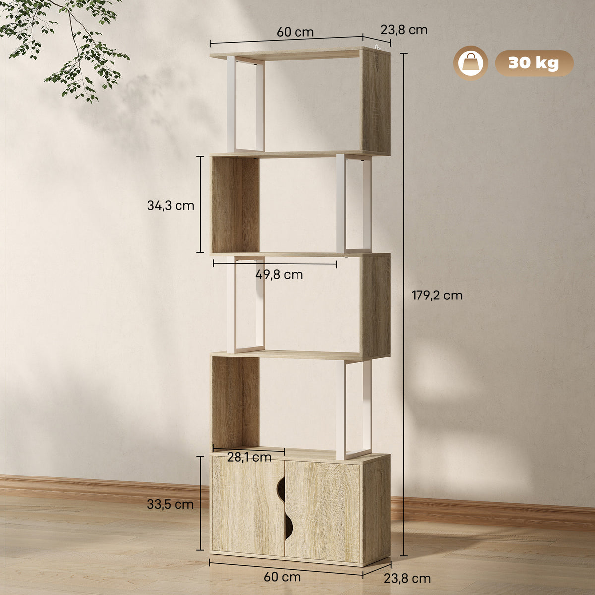 HOMCOM Bücherregal mit 5 Ebenen, Aufbewahrungsregal mit Regalen und doppelter Schranktür, 60 x 23,8 x 179,2 cm, Naturholz