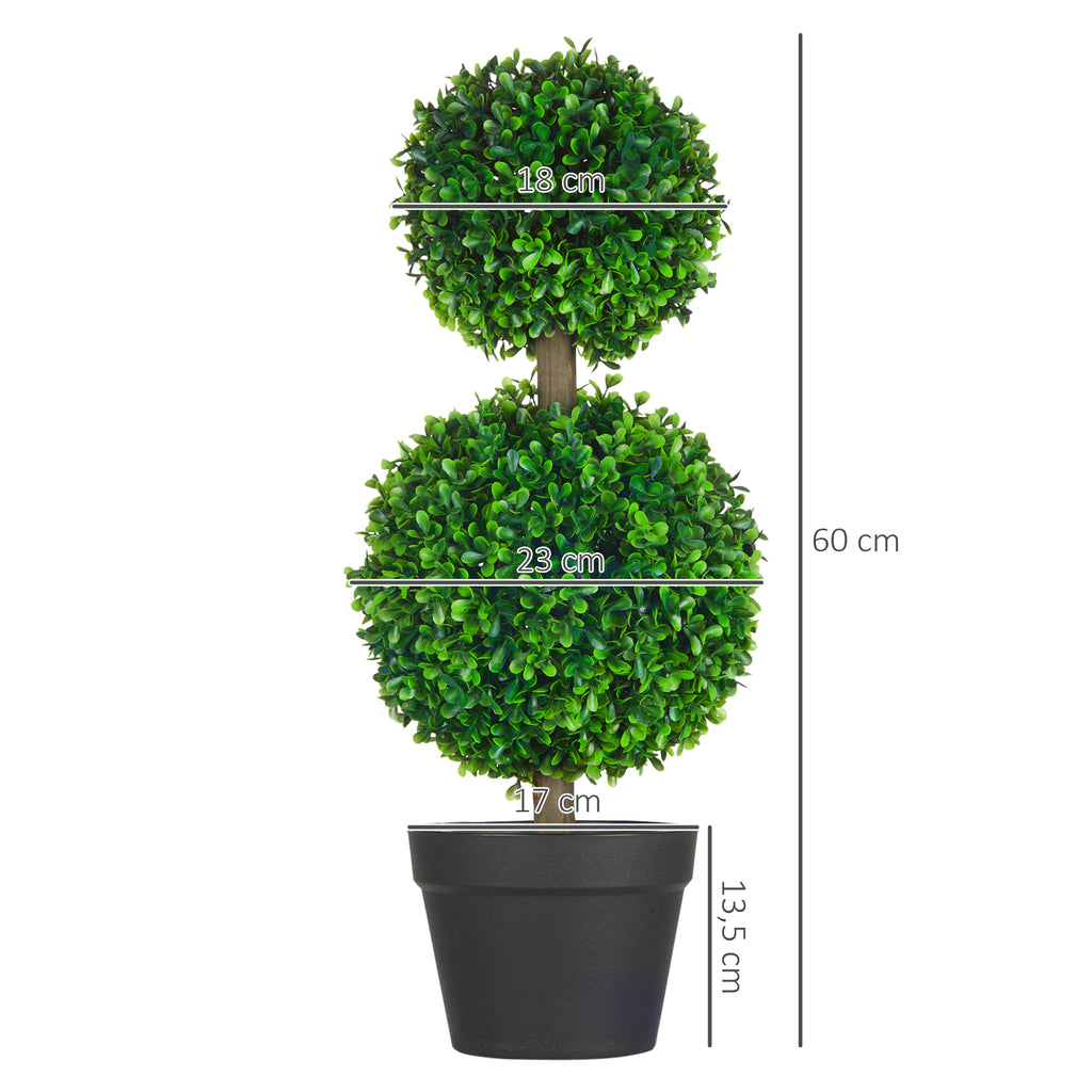 HOMCOM 2er-Set Künstlicher Buchsbaum, 2 Buchsbäume, Outdoor, 17 cm x 17 cm x 60 cm, Grün + Braun+ Schwarz