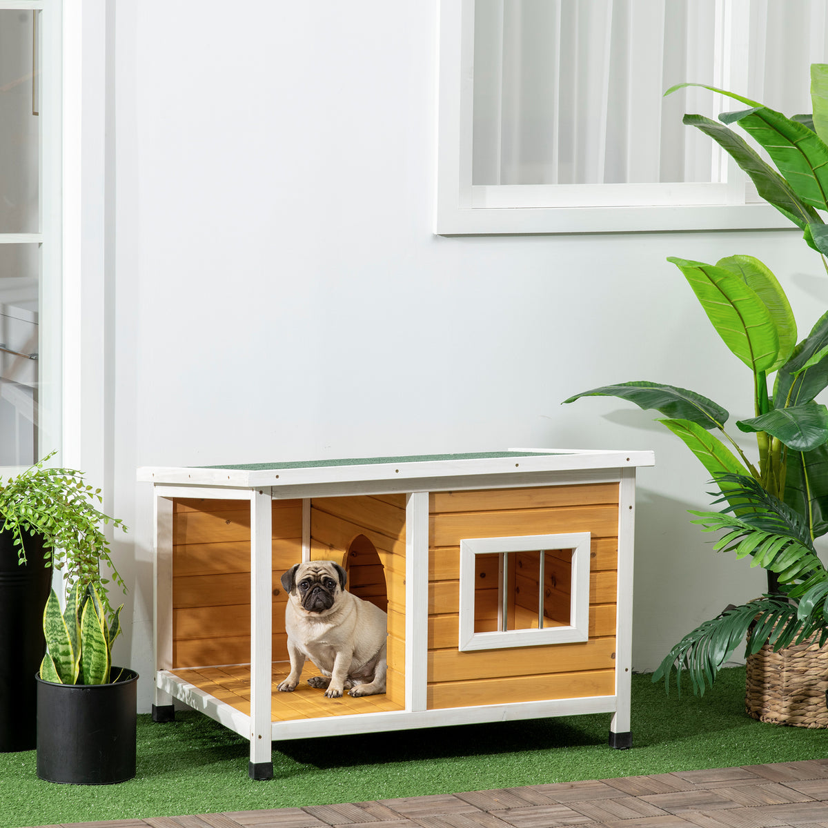 PawHut Hundehütte mit Veranda, aufklappbares Dach, Fenster, verstellbare Füße, Naturholz, orange, 85,5 x 62 x 60 cm