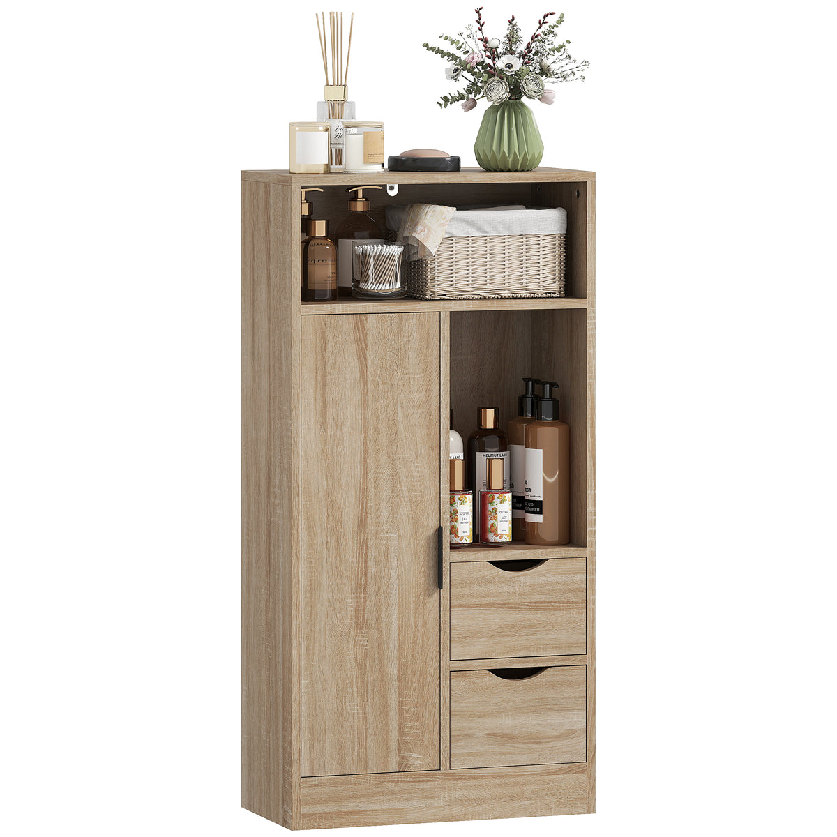 HOMCOM Badezimmerschrank mit 2 Schubladen, offenem Fach und verstellbaren Regalen für kleinen Raum 50x25x100 cm Natur
