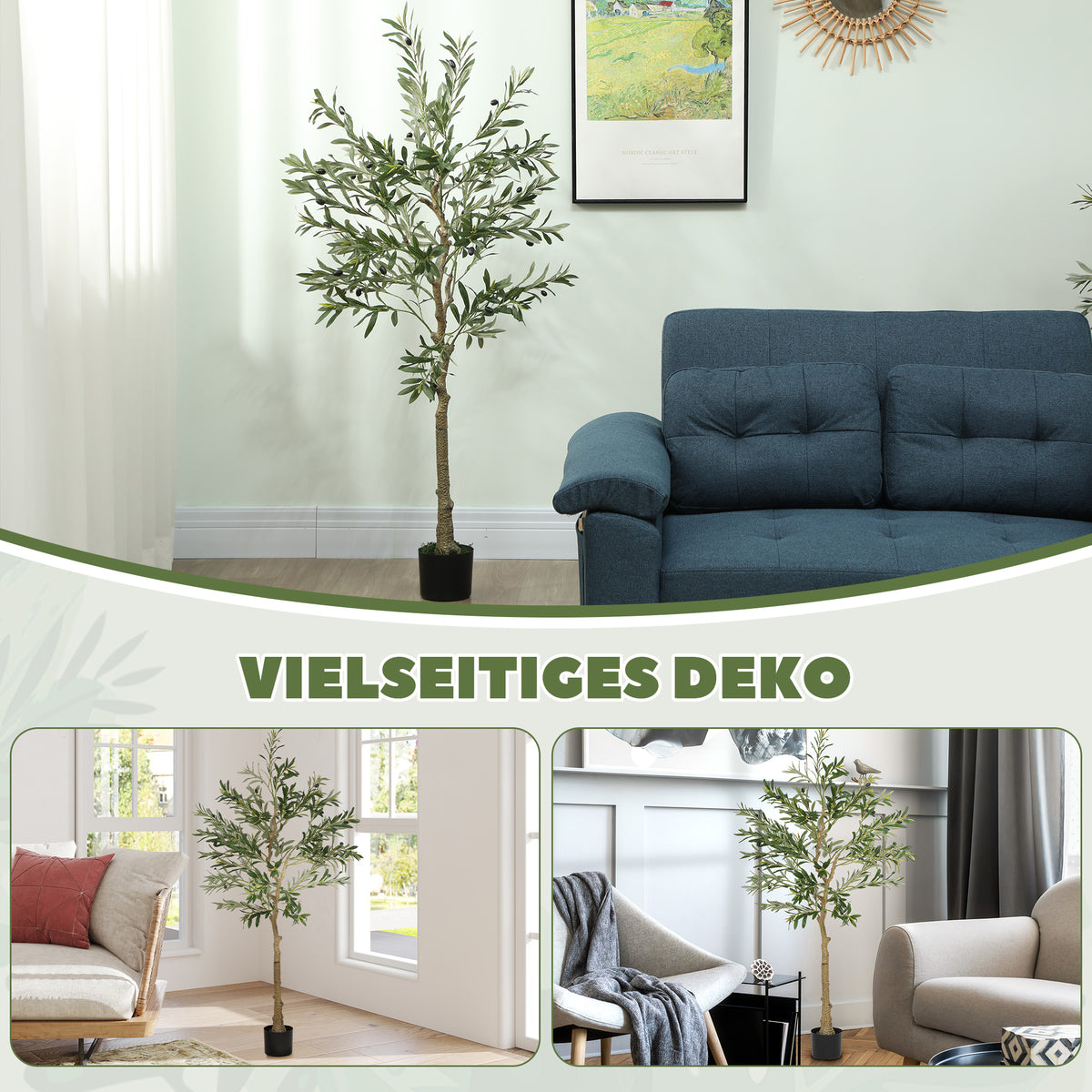 HOMCOM Kunstpflanze, Künstlicher Olivenbaum, 150 cm, 720 Blätter, 40 Oliven, stabiler Blumentopf, Dekorationspflanze, Grün