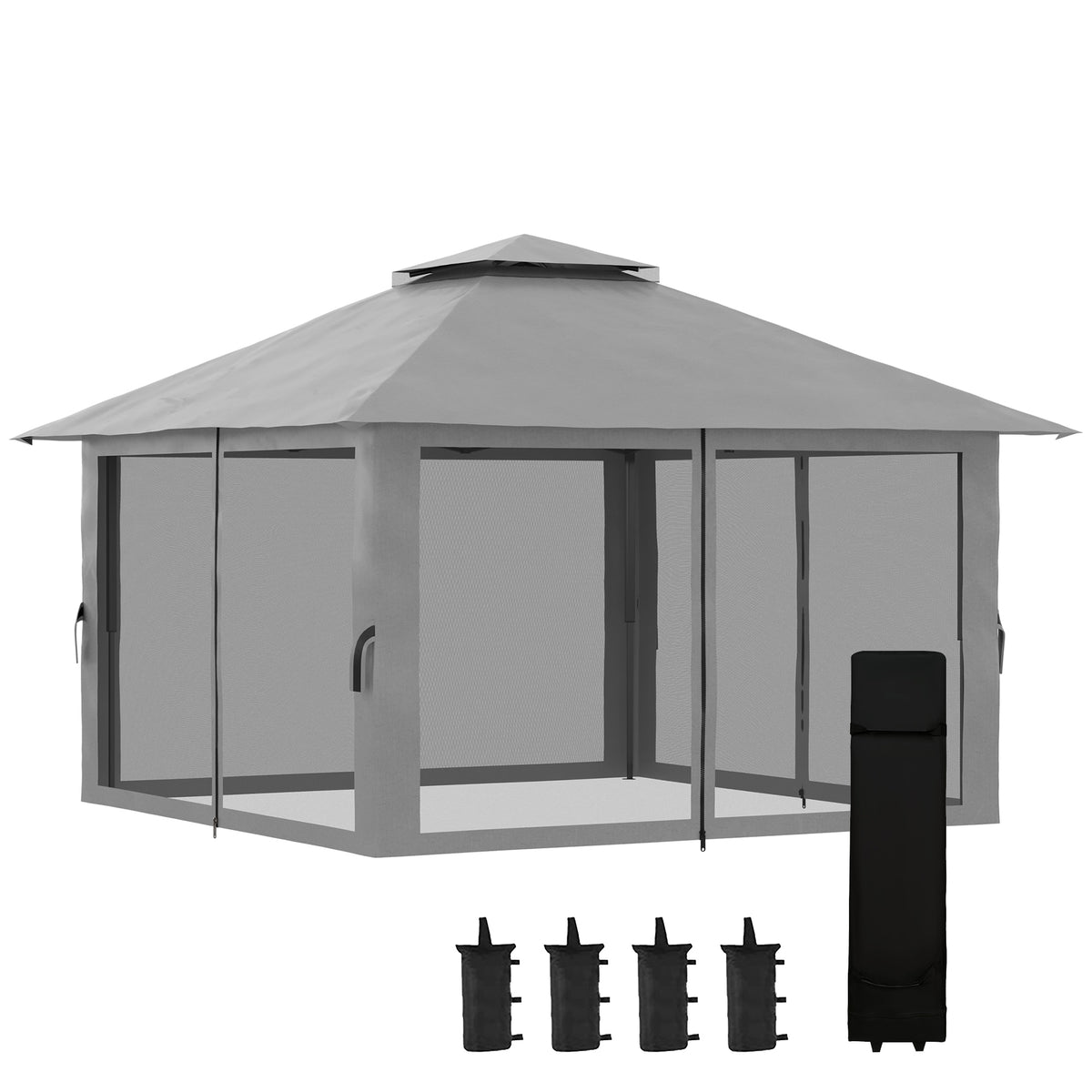 Outsunny Faltpavillon, höhenverstellbar, 4 Netzwände, Lüftungsdach, Tragetasche, Schnellaufbau, dunkelgrau, 4 x 4 x 3 m