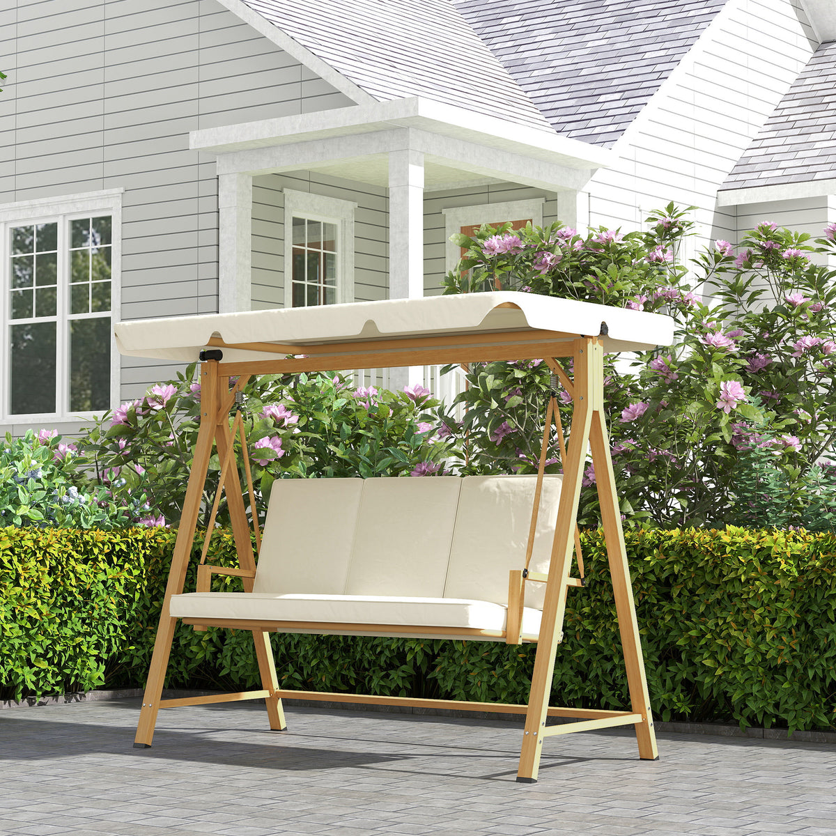 Outsunny Hollywoodschaukel mit verstellbarem Sonnendach Sitzauflage, 3-Sitzer bis 330kg 198 x 120 x 170cm, Beige