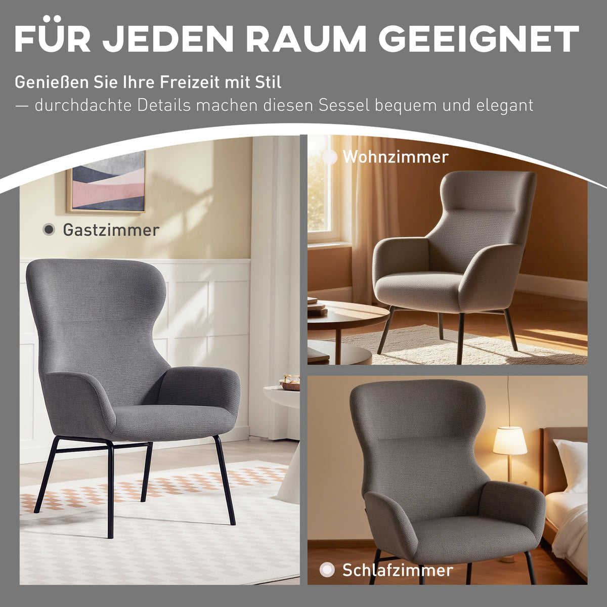 HOMCOM Moderner Polsterstuhl im Ohrenbacken-Stil, hohe Rückenlehne, dicke Polsterung, Metallbeine, Grau